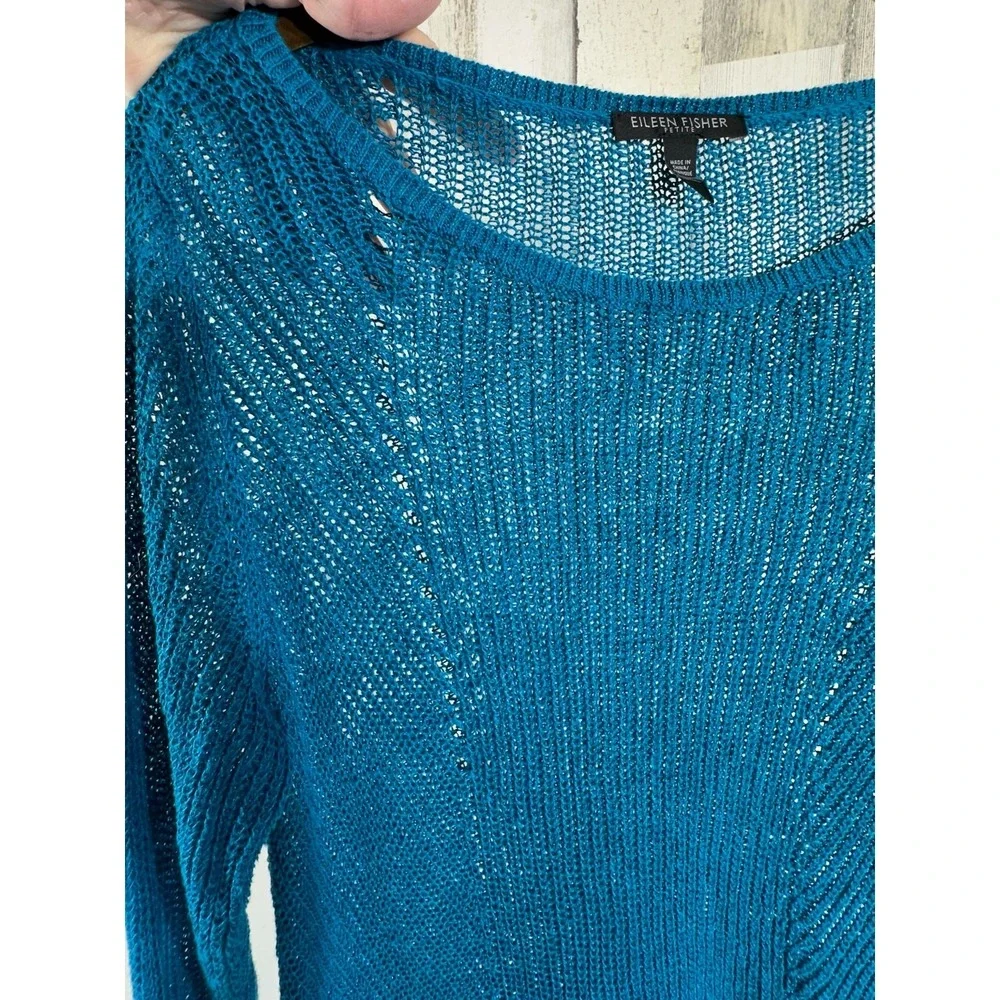 Eileen‎ Fisher Sweater Teal Organic Linen Open Knit Asymmetric Hem 3/4 Sleeve